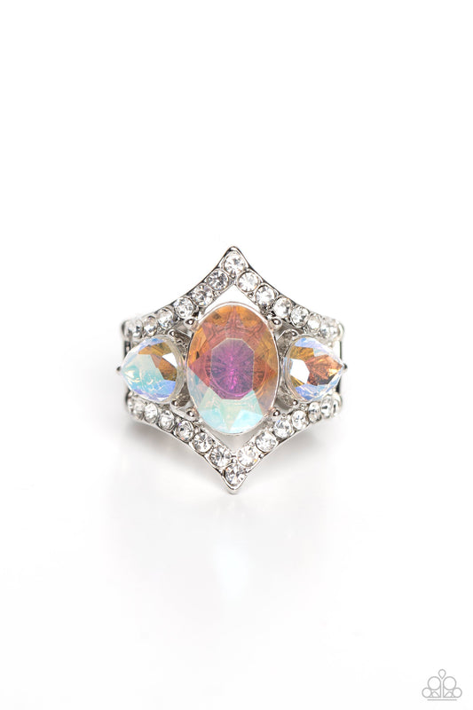 Bow Down to Dazzle - White Rhinestone Frame & Oversized Iridescent Gem Paparazzi Ring