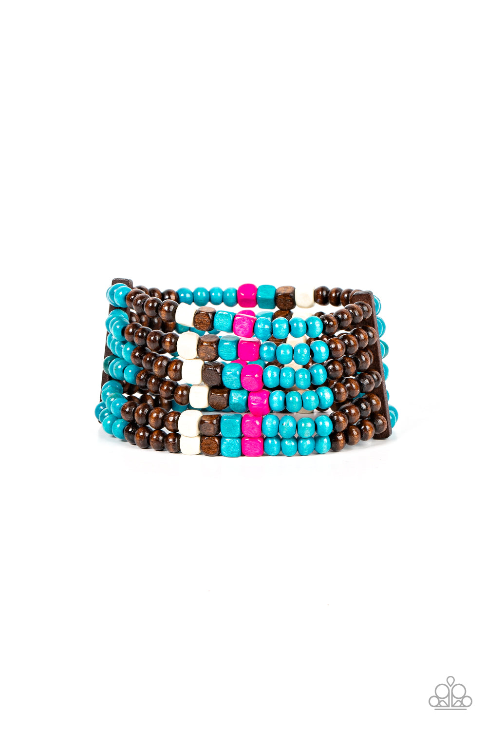 Dive into Maldives - Blue, Brown, White, & Pink Wooden Beaded Paparazzi Stretch Bracelet