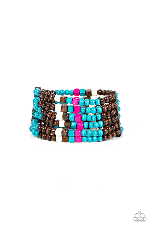 Dive into Maldives - Blue, Brown, White, & Pink Wooden Beaded Paparazzi Stretch Bracelet