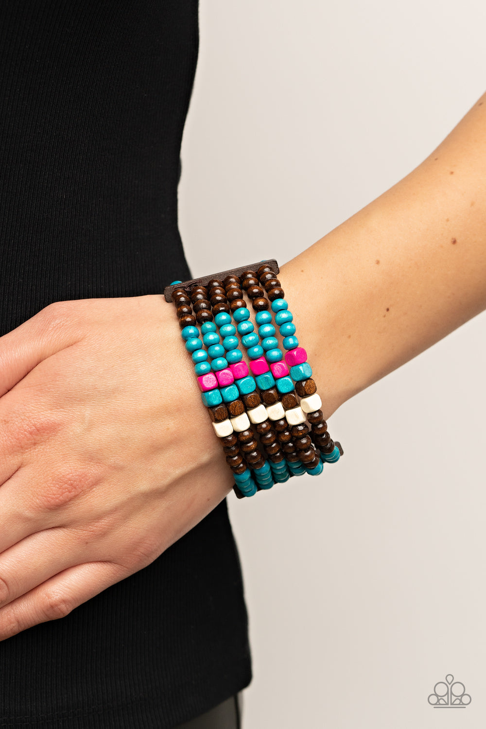 Dive into Maldives - Blue, Brown, White, & Pink Wooden Beaded Paparazzi Stretch Bracelet