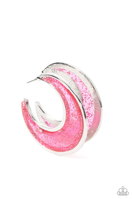 Charismatically Curvy - Pink & Silver Shaving Paparazzi Half Moon Hoop Earrings