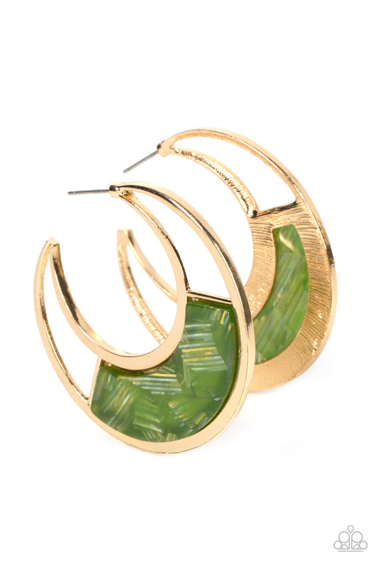 Contemporary Curves - Green Acrylic Plate & Gold Half Moon Frame Paparazzi Hoop Earrings
