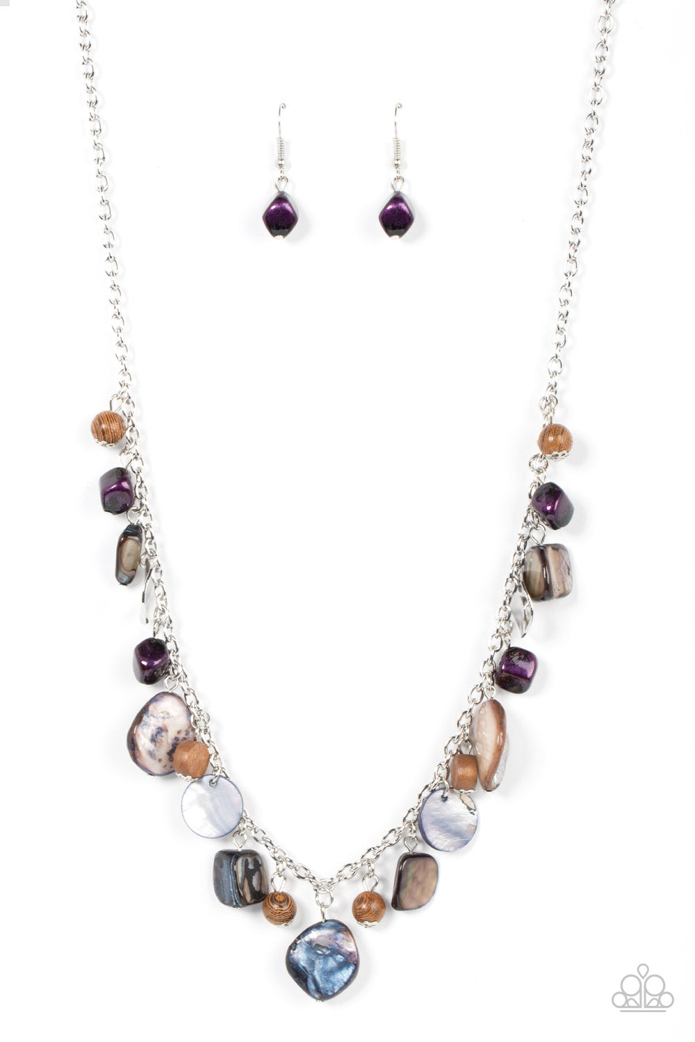 Caribbean Charisma - Purple Iridescent Shell-Like Rocks, Warped Silver Discs, & Brown Wooden Beaded Paparazzi Necklace & matching earrings