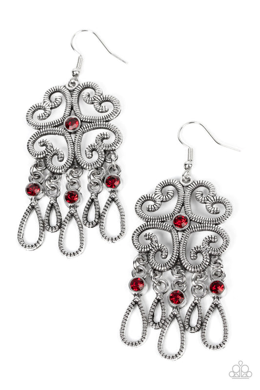 Majestic Makeover - Red Rhinestone & Silver Whimsical Heart Paparazzi Earrings