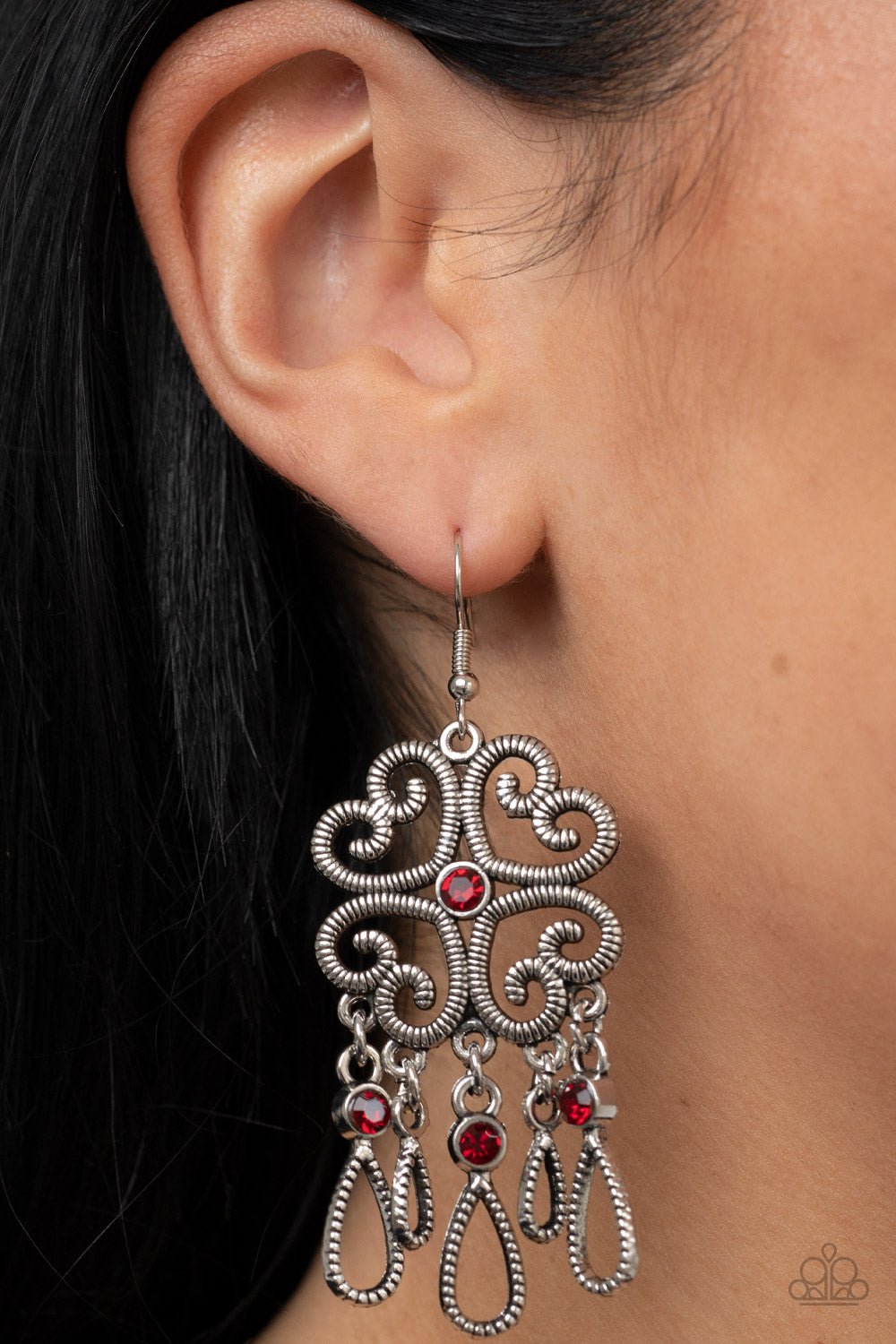 Majestic Makeover - Red Rhinestone & Silver Whimsical Heart Paparazzi Earrings