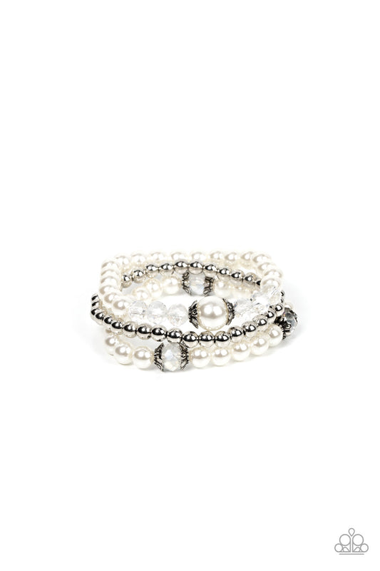 Positively Polished - White Pearl, Silver Beads, Silver Accent, & Glassy Crystal-Like Beaded Paparazzi Stretch Bracelets
