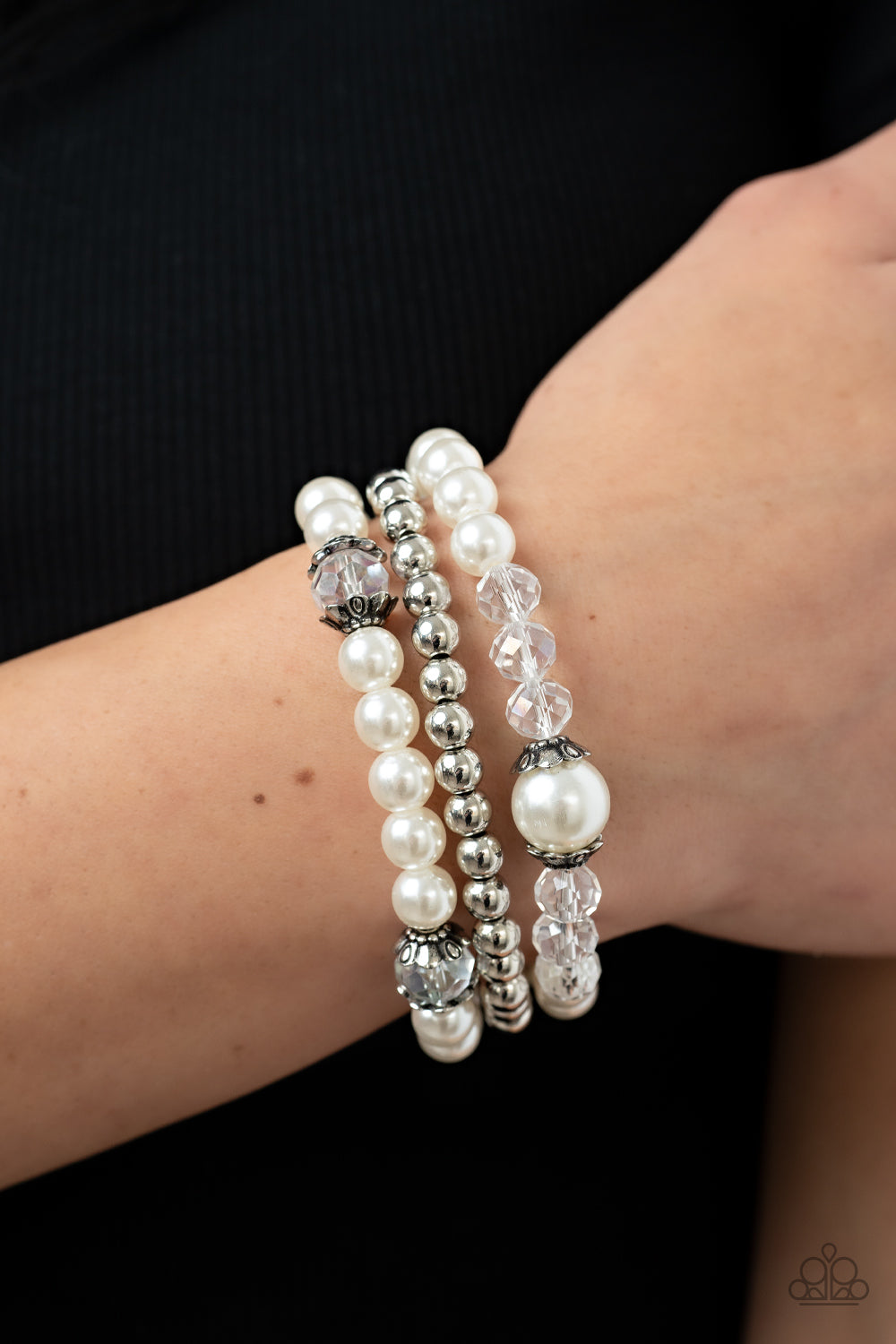 Positively Polished - White Pearl, Silver Beads, Silver Accent, & Glassy Crystal-Like Beaded Paparazzi Stretch Bracelets