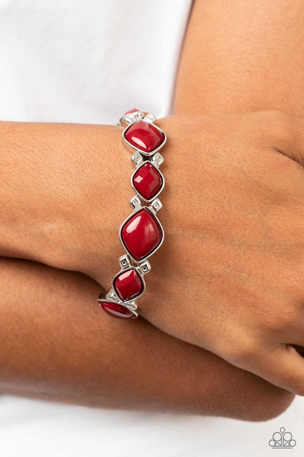 Boldly BEAD-azzled - Red & Silver Diamond Shaped Beaded Paparazzi Stretch Bracelet