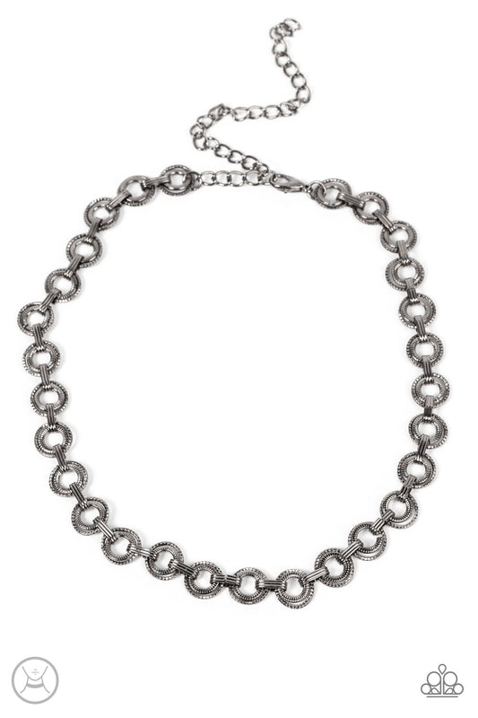 Grit and Grind - Gunmetal Textured Hoop Paparazzi Choker Necklace & matching earrings