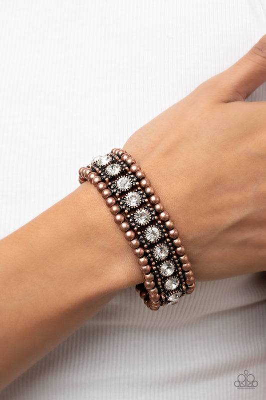 Ritzy Reboot - Copper Antiqued Studs & White Rhinestone Paparazzi Stretch Bracelet