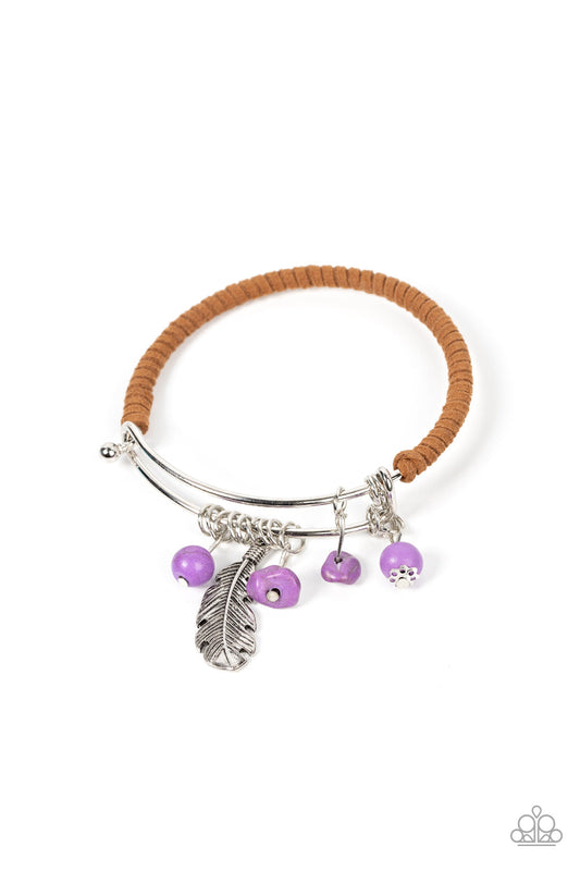 Running a-FOWL - Purple Stones, Brown Suede, and Silver Charms Paparazzi Bangle Bracelet