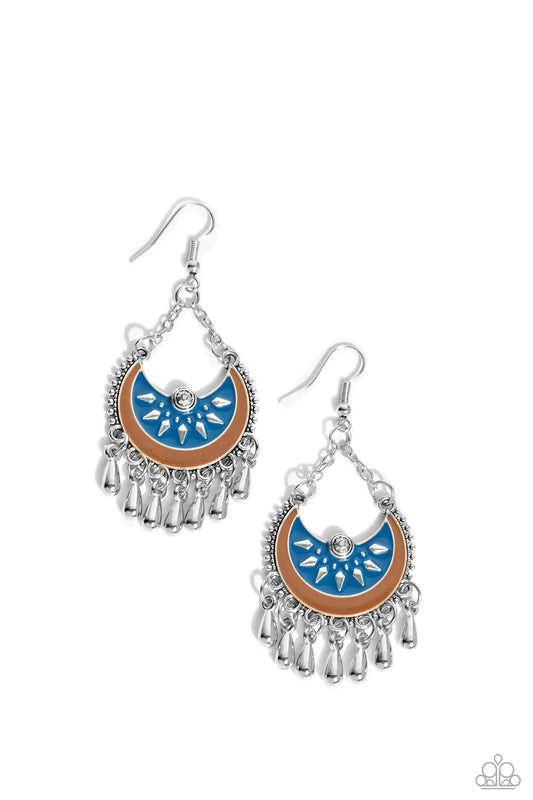 I Just Need CHIME - Blue/Brown Crescent Frame & Silver Teardrop Beaded Paparazzi Earrings