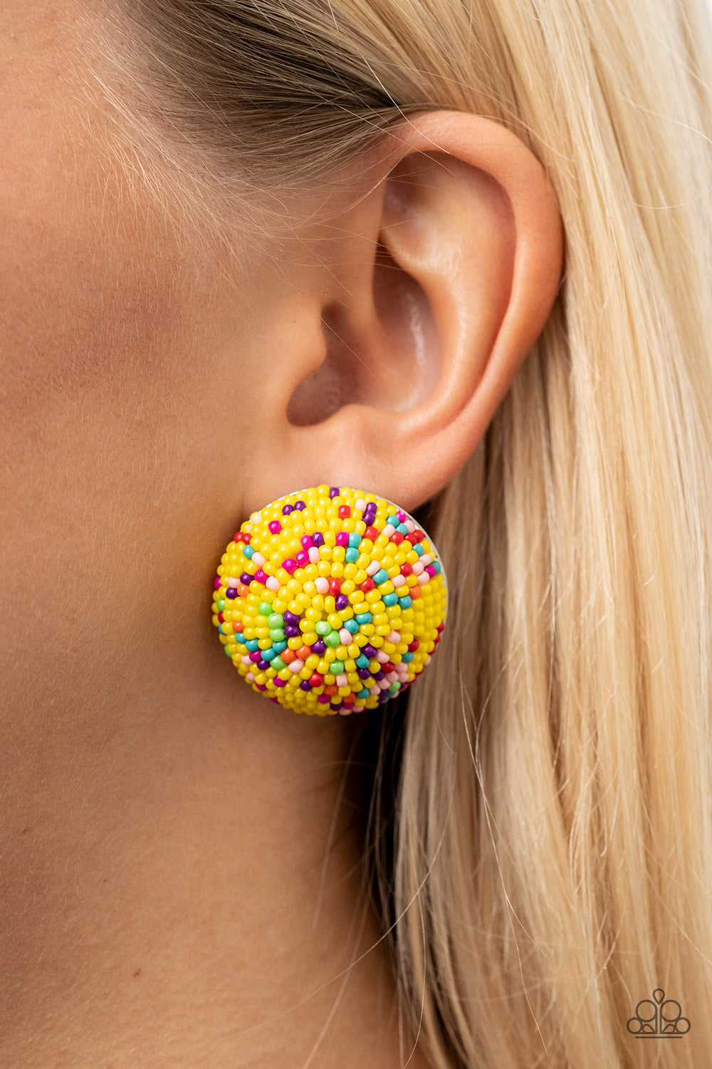 Kaleidoscope Sky - Yellow & Multicolored Seed Bead Paparazzi Post Earrings