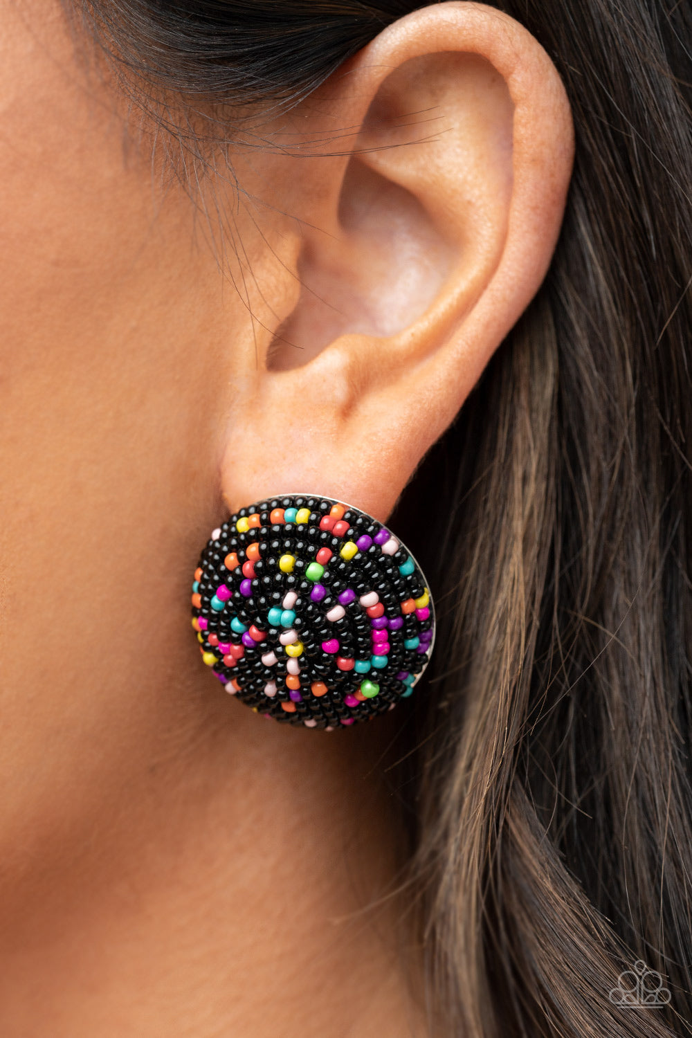 Kaleidoscope Sky - Black & Multicolored Seed Bead Paparazzi Post Earrings