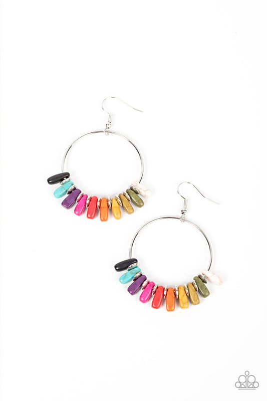 Earthy Ensemble - Multi Multicolored Stones & Silver Hoop Paparazzi Fringe Earrings