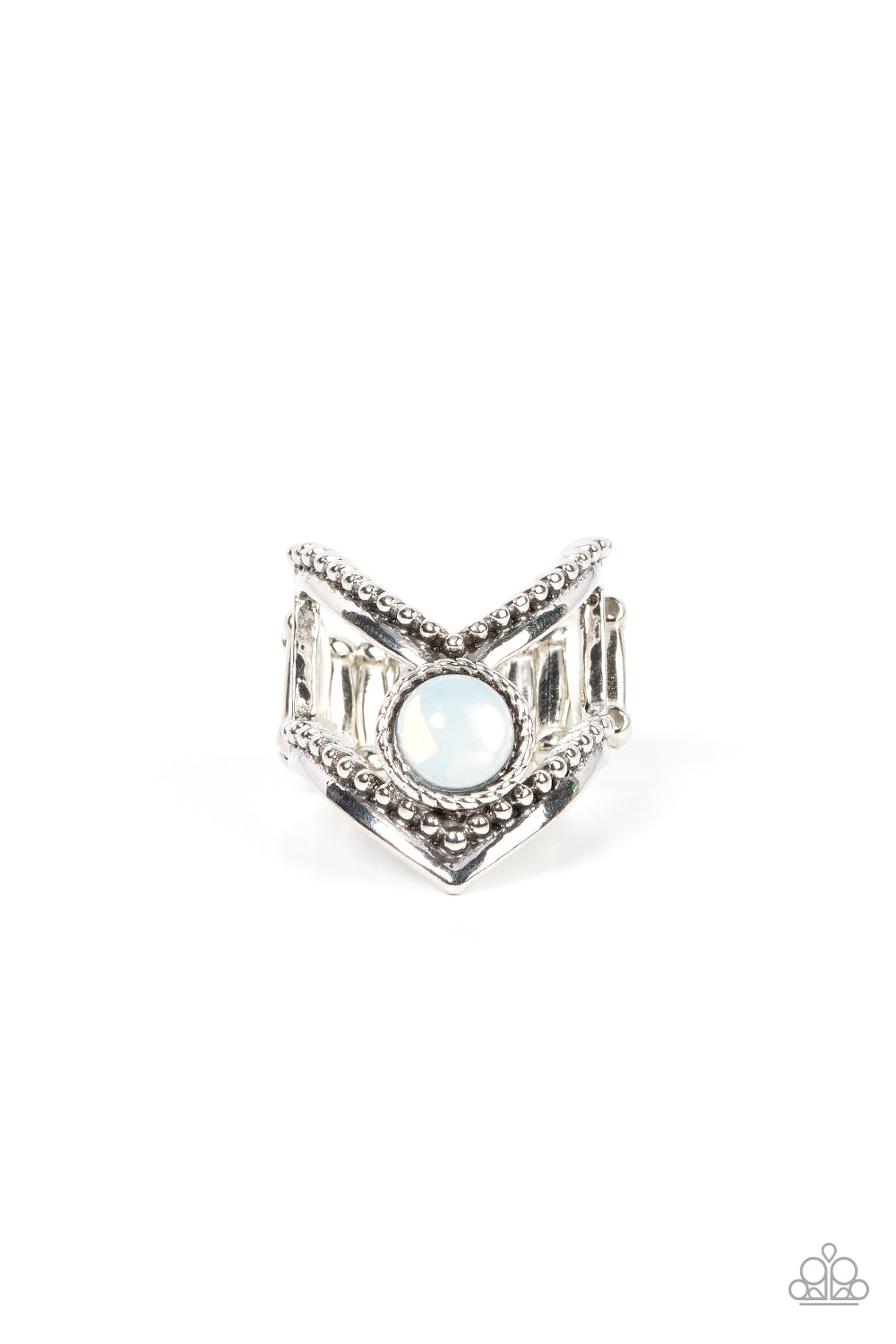 Axial Angle - White Opal Bead & Arching Silver Bar Paparazzi Ring