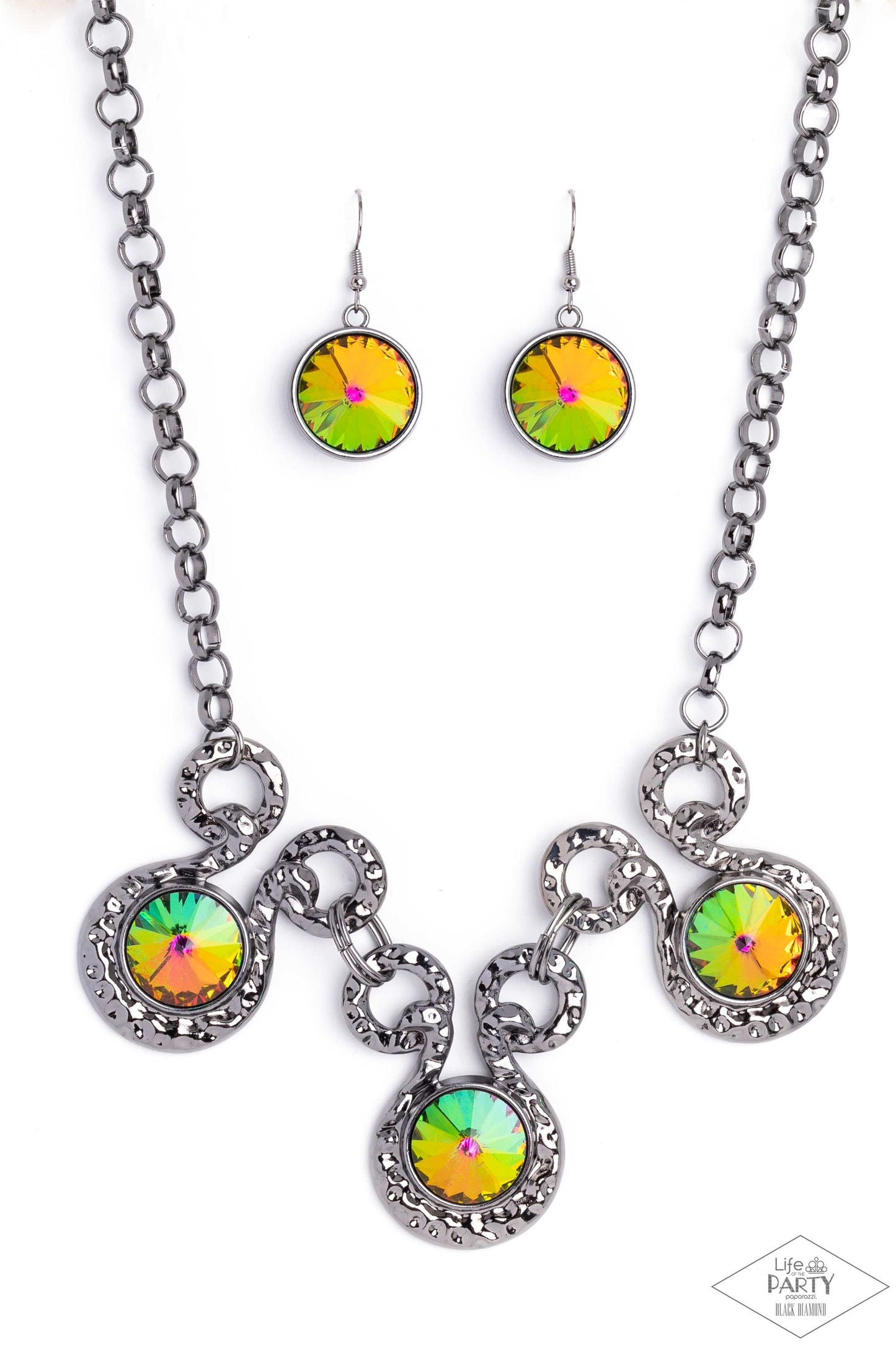 Hypnotized - Multi Oversized Oil Spill Rhinestones/Gunmetal Fittings Paparazzi Necklace & matching earrings