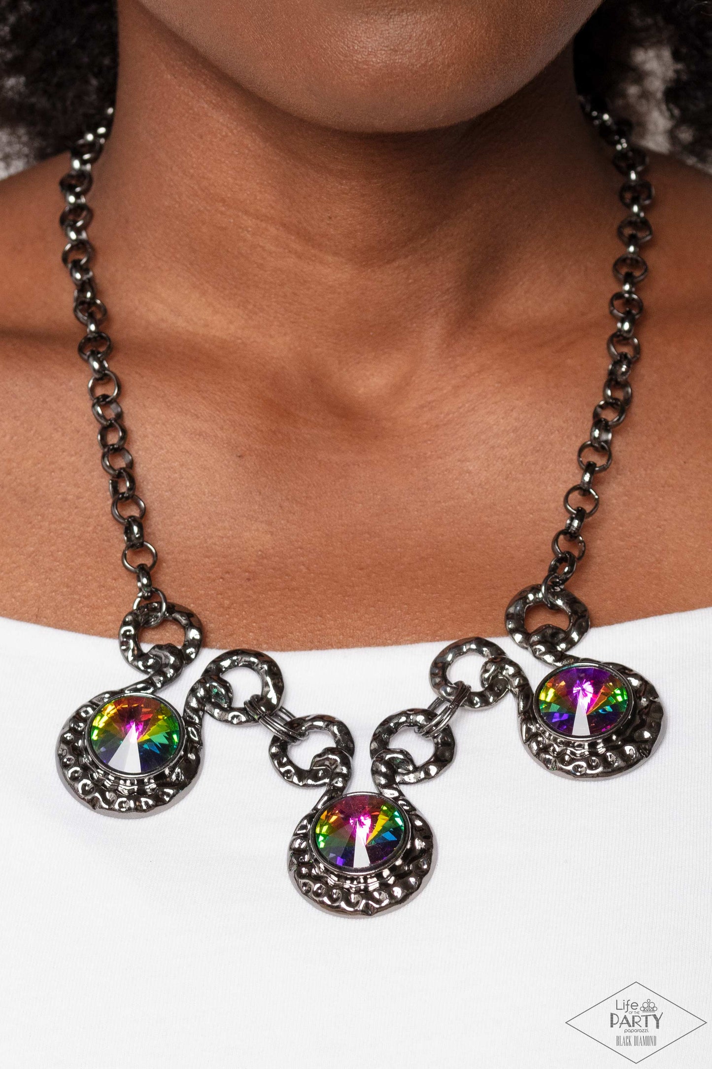 Hypnotized - Multi Oversized Oil Spill Rhinestones/Gunmetal Fittings Paparazzi Necklace & matching earrings