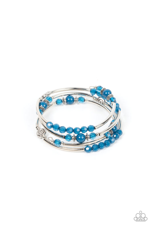 Whimsically Whirly - Blue & Silver Beads, Silver Rods, & Swirly Silver Accents Paparazzi Coil Bracelet