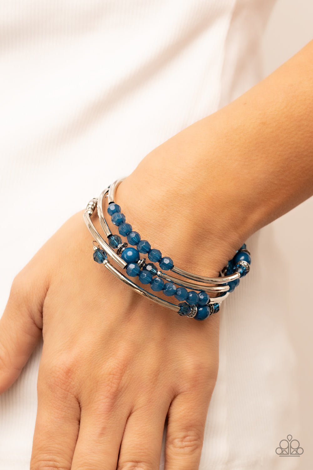 Whimsically Whirly - Blue & Silver Beads, Silver Rods, & Swirly Silver Accents Paparazzi Coil Bracelet