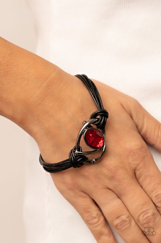 Keep Your Distance - Red Oversized Gem/Abstract Gunmetal Bars Paparazzi Urban Bracelet