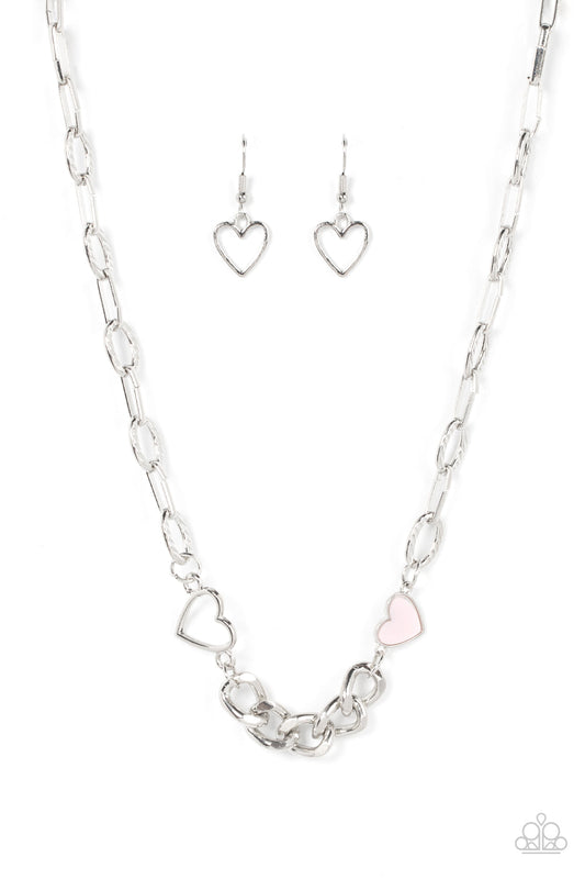Little Charmer - Pink Rosette & Silver Hearts/Mismatched Chain Paparazzi Necklace & matching earrings