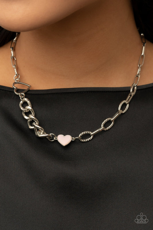 Little Charmer - Pink Rosette & Silver Hearts/Mismatched Chain Paparazzi Necklace & matching earrings