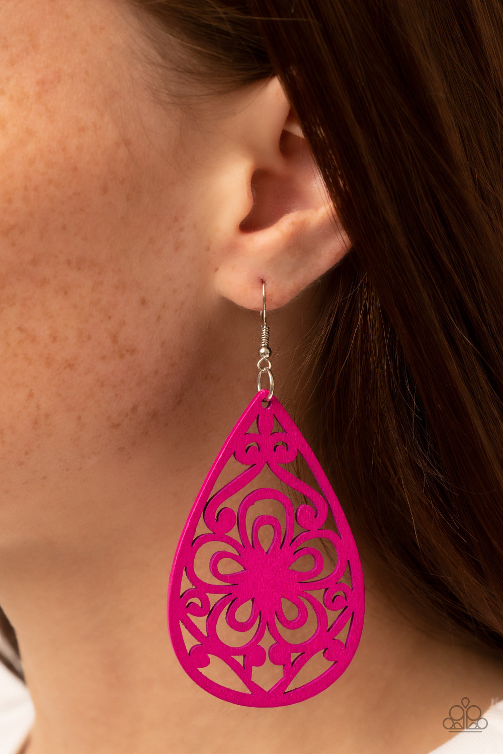 Marine Eden - Pink Overused Floral Design Wooden Teardrop Paparazzi Earrings