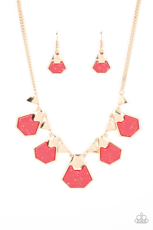 Extra Exclusive - Red Geometric Frames/Iridescent Shell-Like Accent Paparazzi Necklace & matching earrings