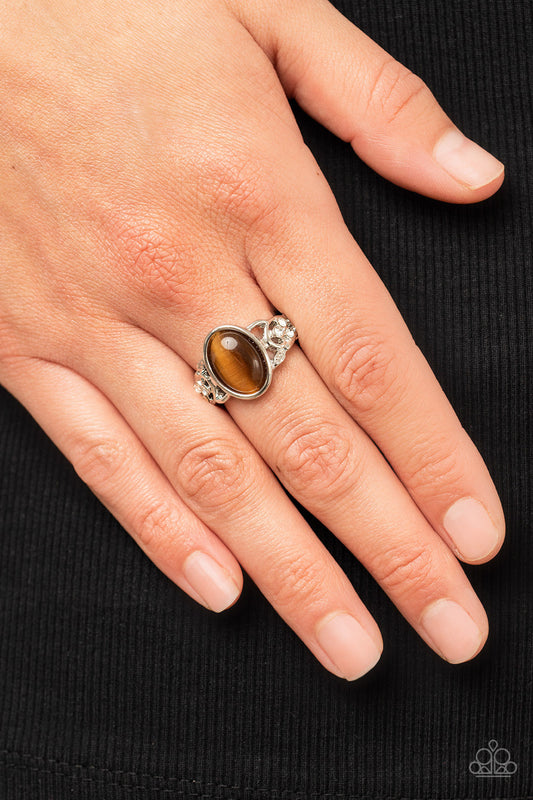 Crystals and Cats Eye - Brown Oval Cat's Eye Stone & White Rhinestone Paparazzi Ring