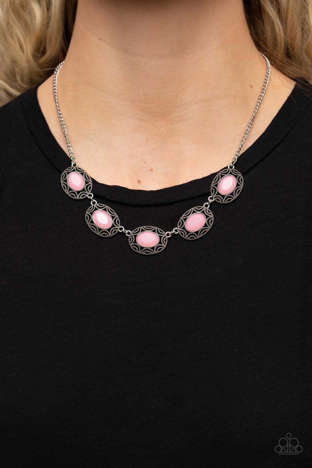 Sunshiny Shimmer - Pink Beads & Sunburst Pattern Frames Paparazzi Necklace & matching earrings