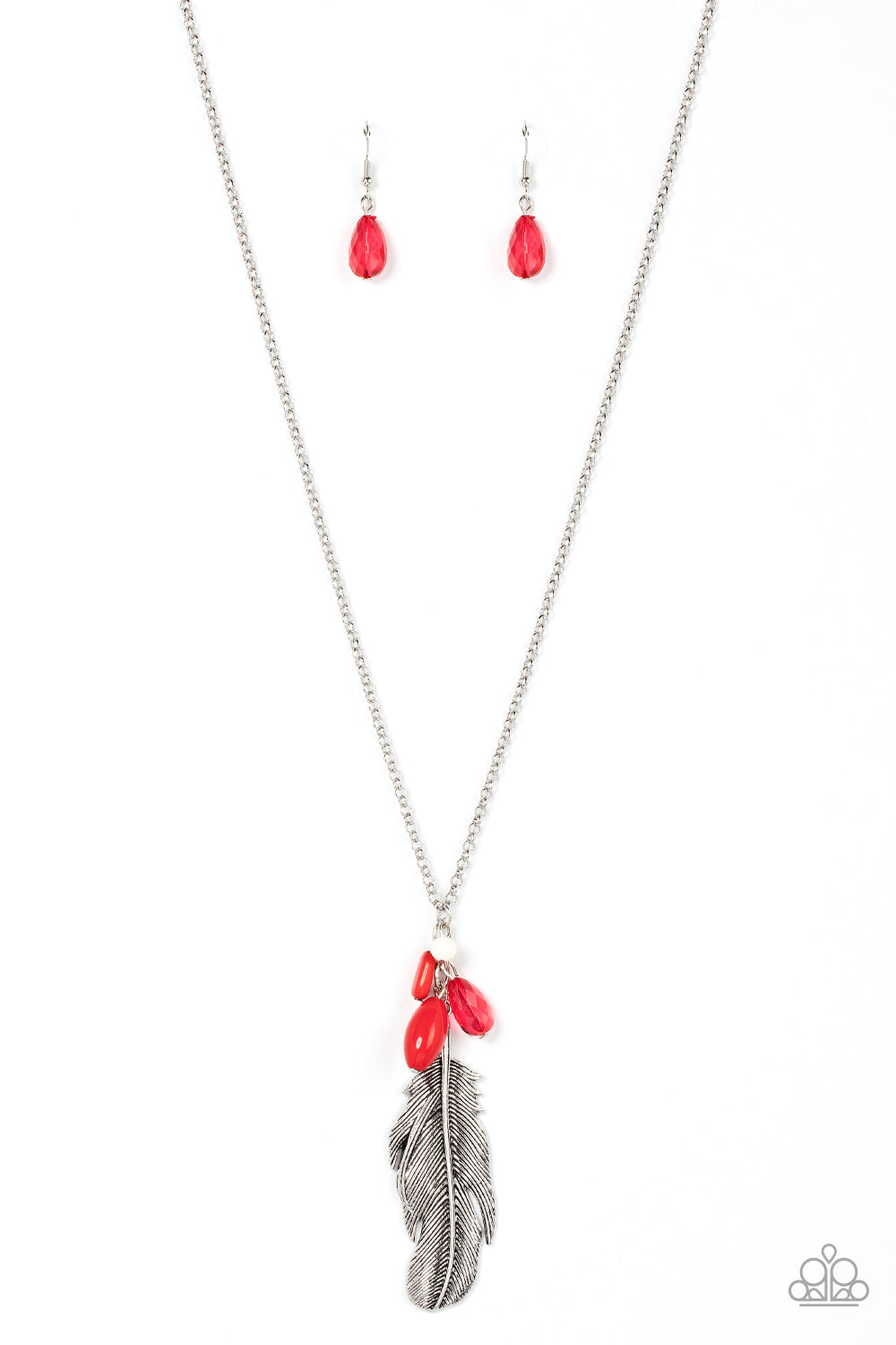 Off the FLOCK - Red & White Beads/Oversized Silver Feather Pendant Paparazzi Necklace & matching earrings