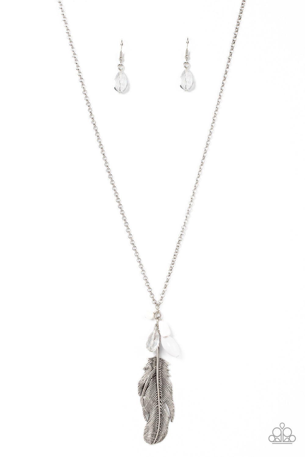 Off the FLOCK - White Beads & Oversized Silver Feather Pendant Paparazzi Necklace & matching earrings