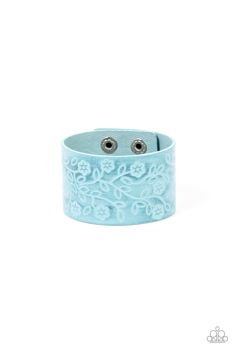 Rosy Wrap Up - Blue Flowery Motif Leather Paparazzi Snap Bracelet