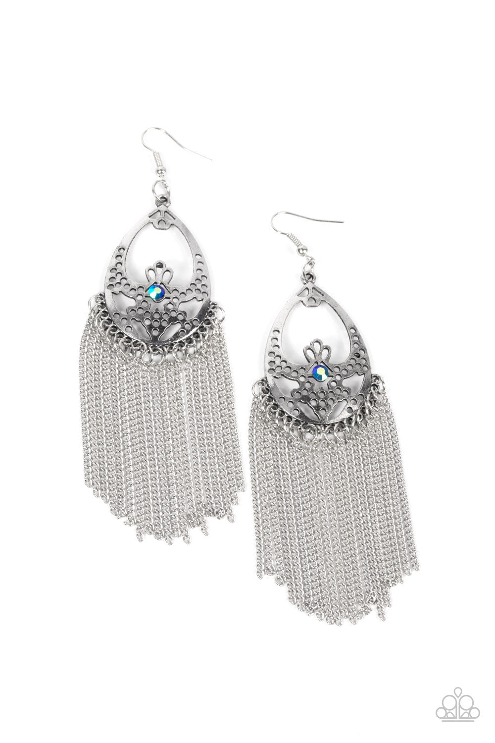 Castle Cottage - Blue Iridescent Rhinestone, Antiqued Silver Chains, & Stenciled Silver Frame Paparazzi Earrings