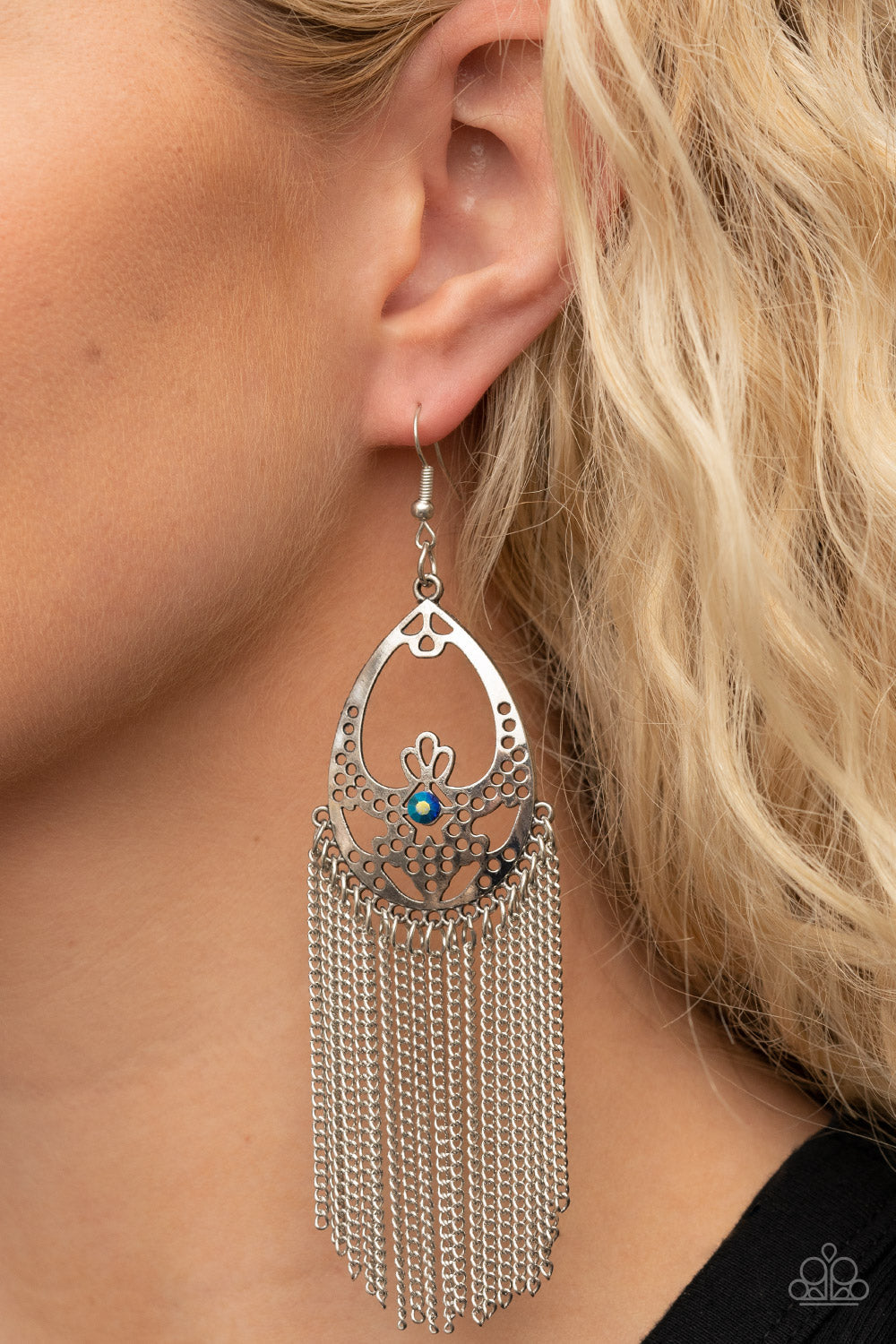 Castle Cottage - Blue Iridescent Rhinestone, Antiqued Silver Chains, & Stenciled Silver Frame Paparazzi Earrings