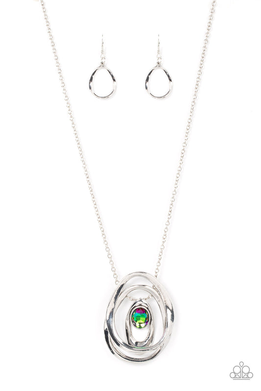 Luminous Labyrinth - Multi Oversized Gem/Asymmetrical Silver Oval Pendant Paparazzi Necklace & matching earrings