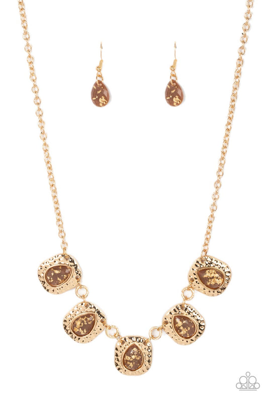 Mayan Masterpiece - Brown Teardrops/Hammered Gold Frame Paparazzi Necklace & matching earrings