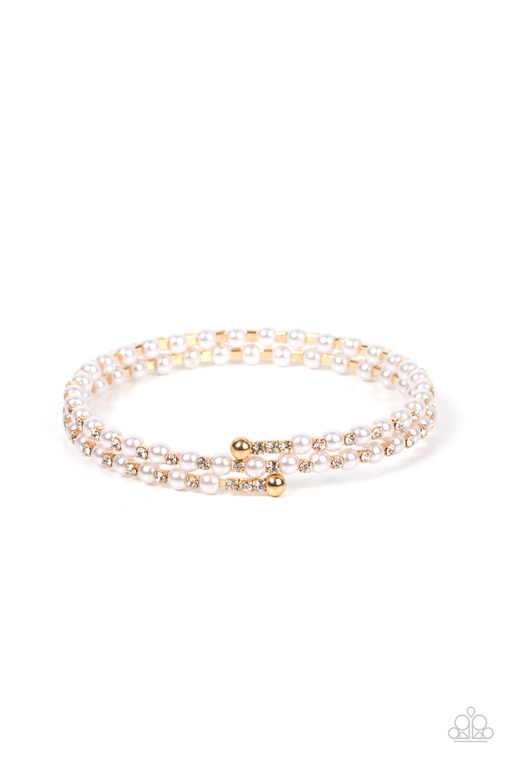 Regal Wraparound - Gold Frames, Dainty White Pearls, & White Rhinestone Paparazzi Coil Bracelet