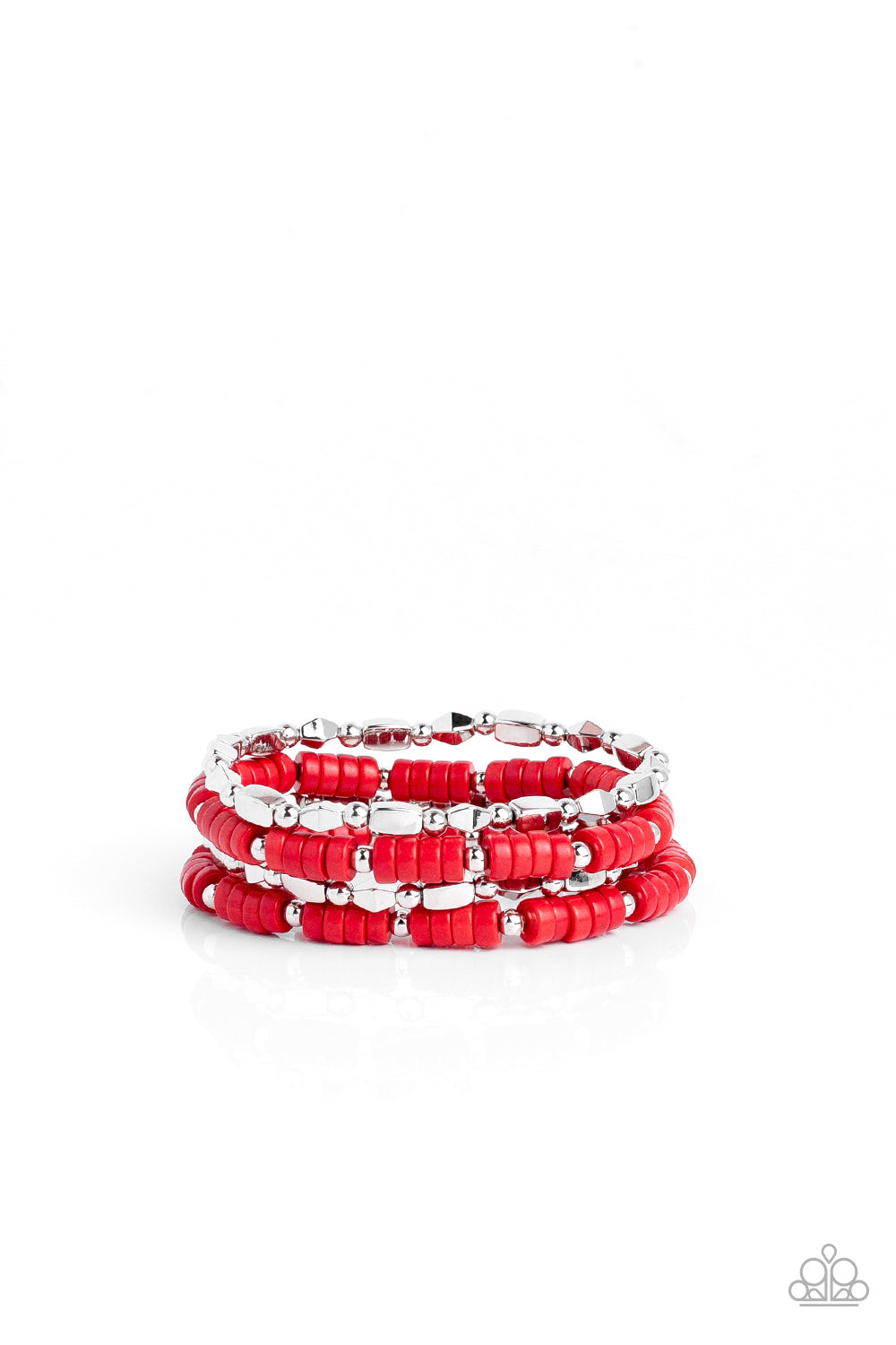 Anasazi Apothecary - Red Stone Discs, Dainty Silver Beads, & Faceted Silver Accent Set of 4 Paparazzi Stretch Bracelets