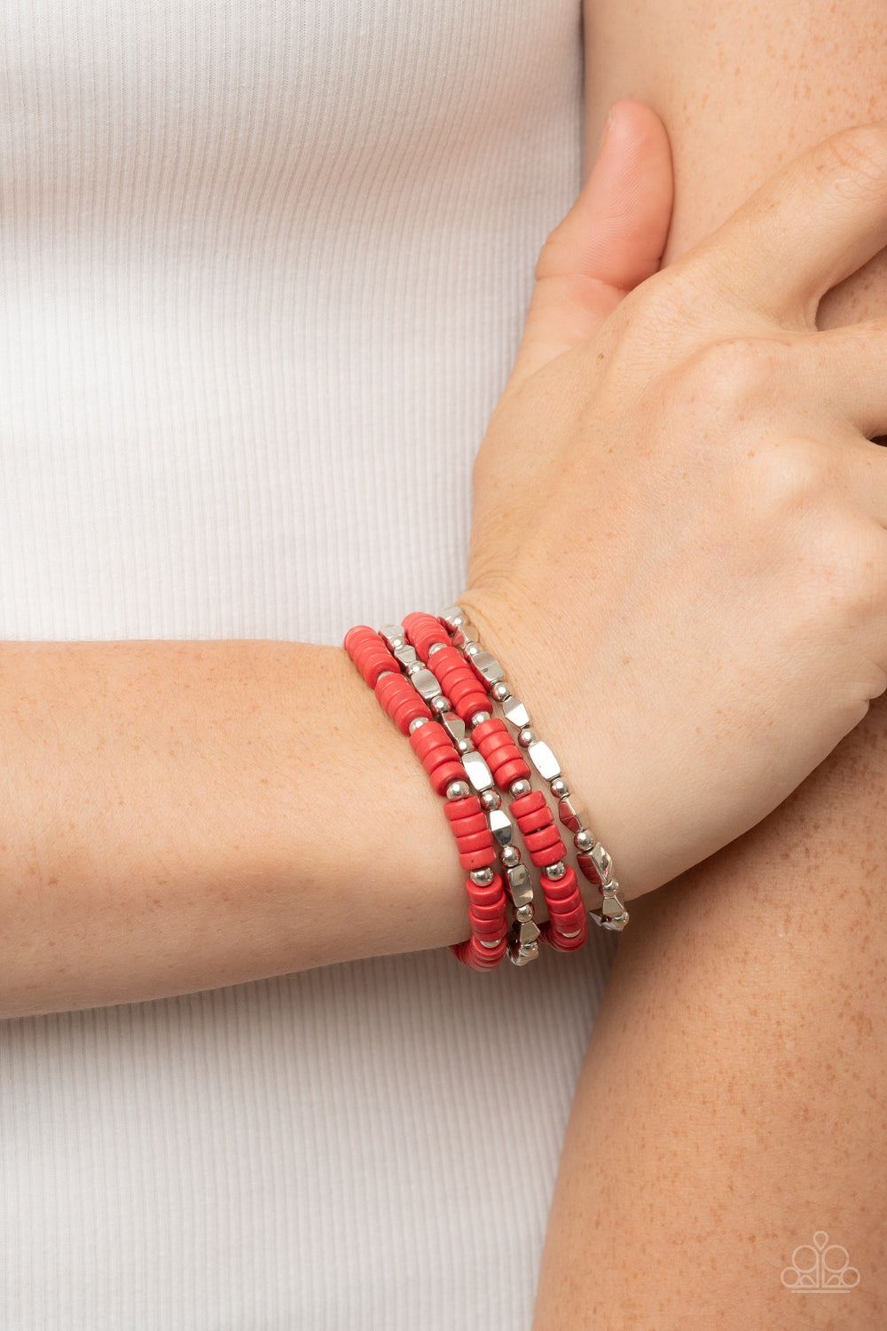Anasazi Apothecary - Red Stone Discs, Dainty Silver Beads, & Faceted Silver Accent Set of 4 Paparazzi Stretch Bracelets