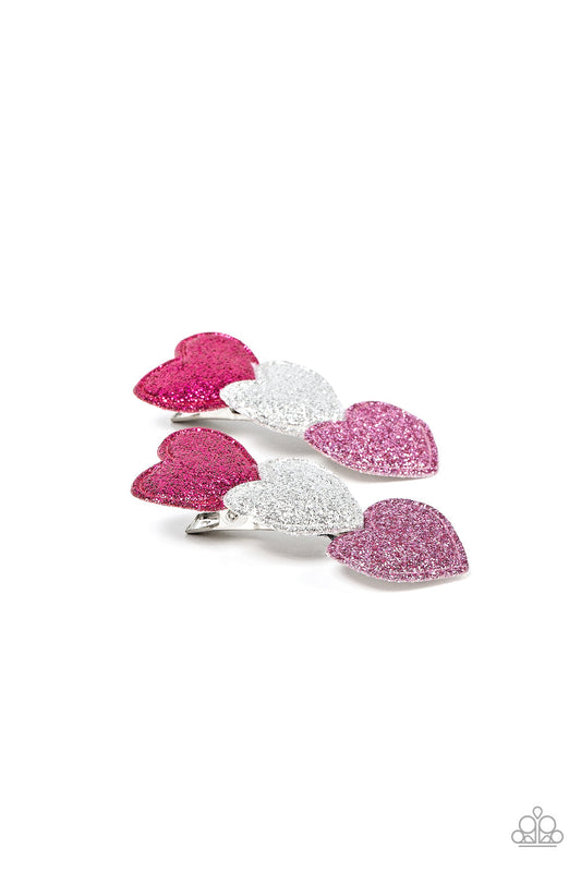 Love at First SPARKLE - Multi Pink & White Heart Paparazzi Set of 2 Hair Clips