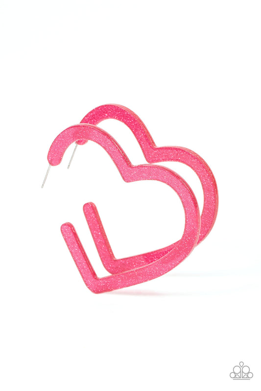 Heart-Throbbing Twinkle - Pink Glitter Heart Hoop Paparazzi Post Earrings