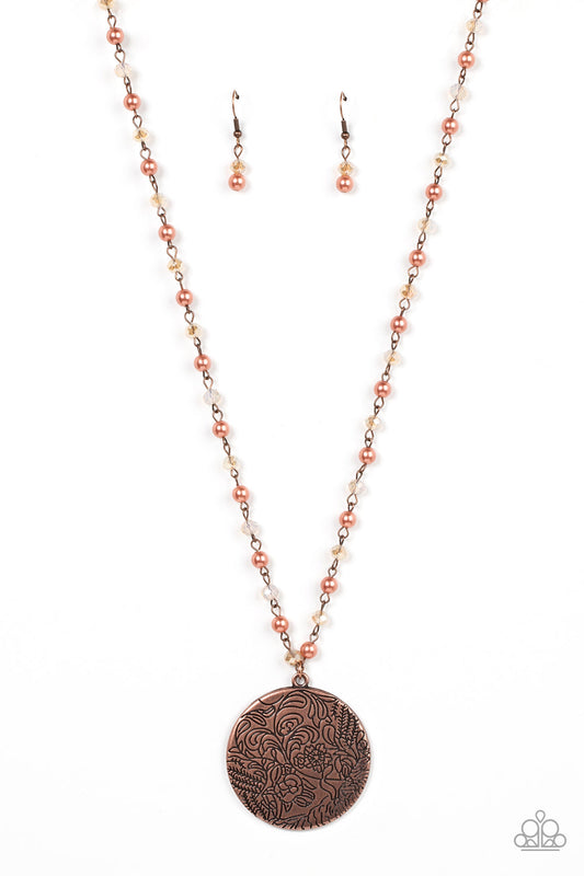 Secret Cottage - Copper Floral Motif Stamped Oversized Pendant Paparazzi Necklace & matching earrings