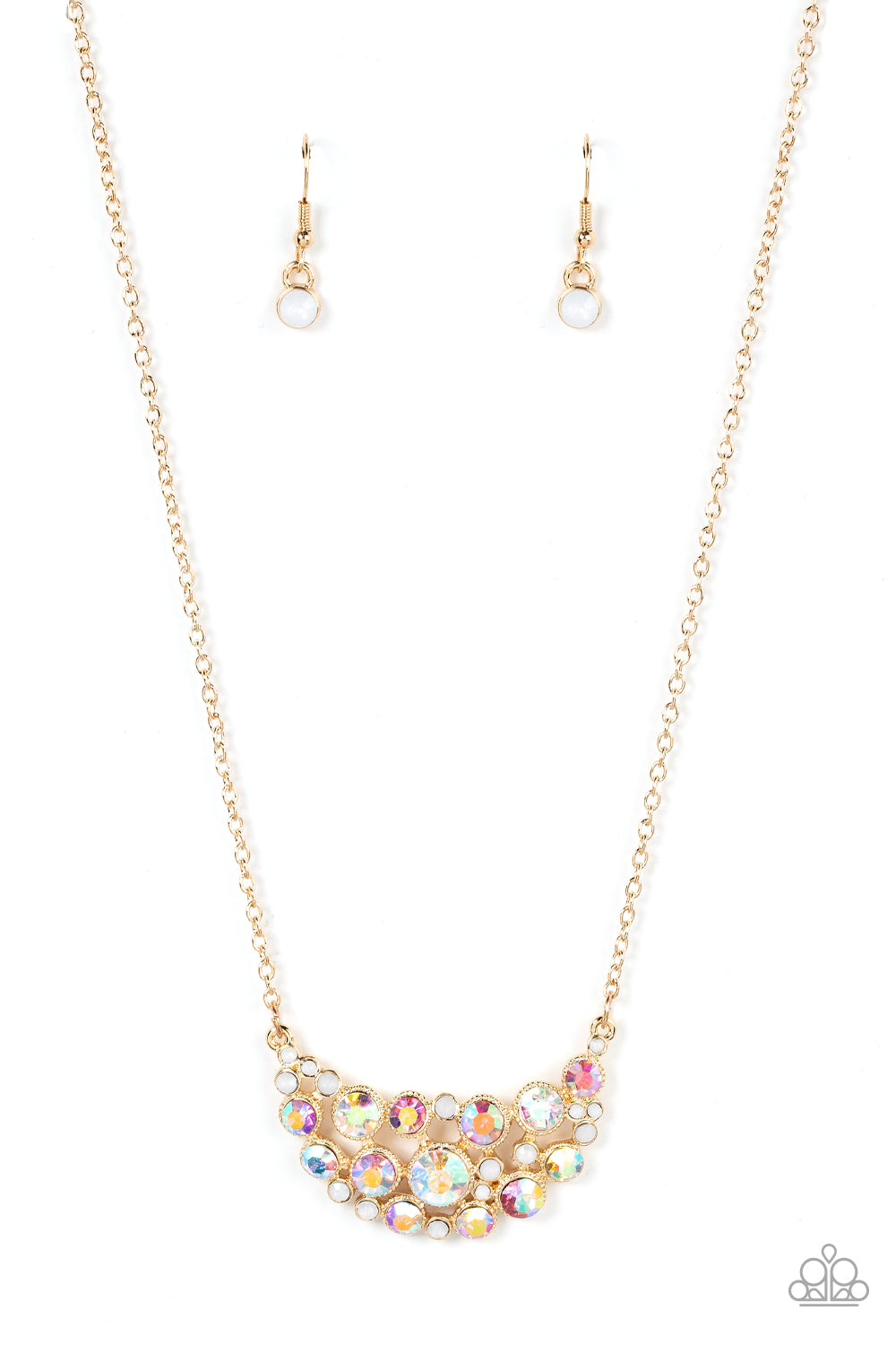 Effervescently Divine - Gold Dainty Chain/Opal & Iridescent Rhinestone Pendant Paparazzi Necklace & matching earrings