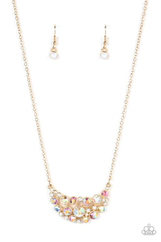Effervescently Divine - Gold Dainty Chain/Opal & Iridescent Rhinestone Pendant Paparazzi Necklace & matching earrings