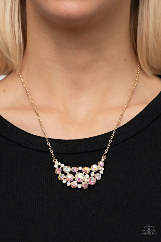 Effervescently Divine - Gold Dainty Chain/Opal & Iridescent Rhinestone Pendant Paparazzi Necklace & matching earrings
