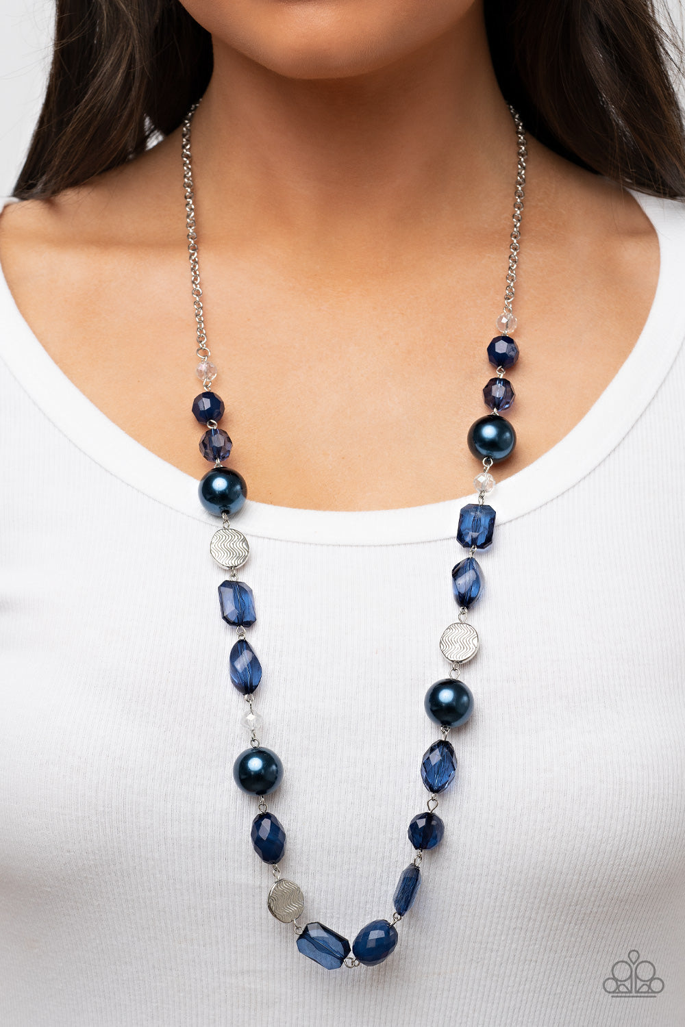 Timelessly Tailored - Blue Pearls, Rhodonite Crystal-Like Beads, Silver Disc Paparazzi Necklace & matching earrings