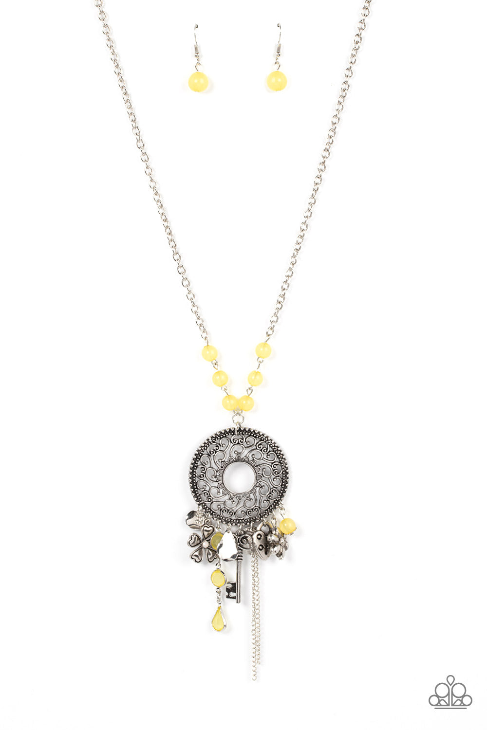 Making Memories - Yellow Beads & Silver Charm Pendant Paparazzi Necklace & matching earrings