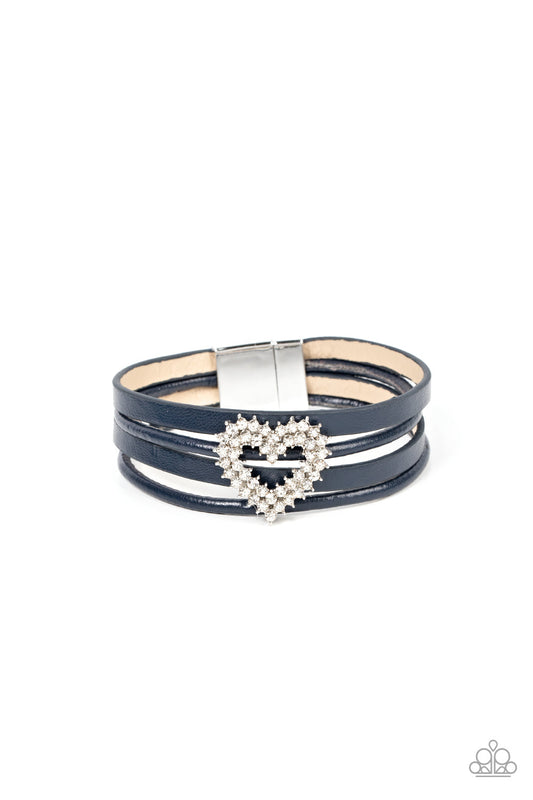 Wildly in Love - Blue Leather/White Rhinestone Heart Paparazzi Magnetic Bracelet